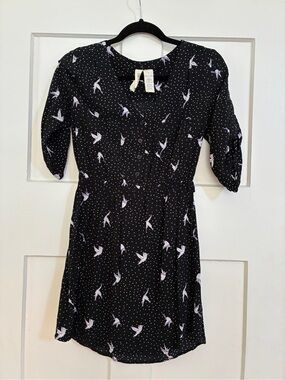 Black Mini Dress with Lilac Bird Print and Button-Front